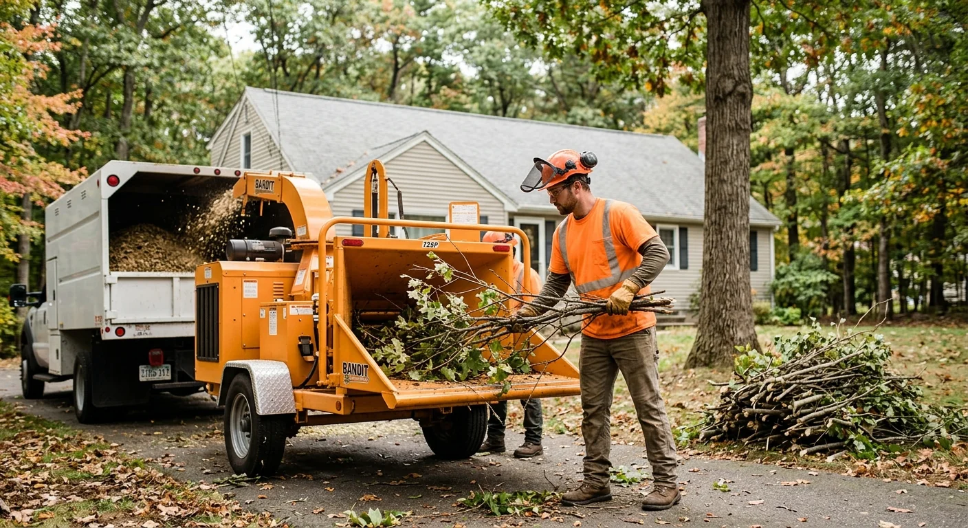 Chipper processing trimmed brush during cleanup on a residential lot