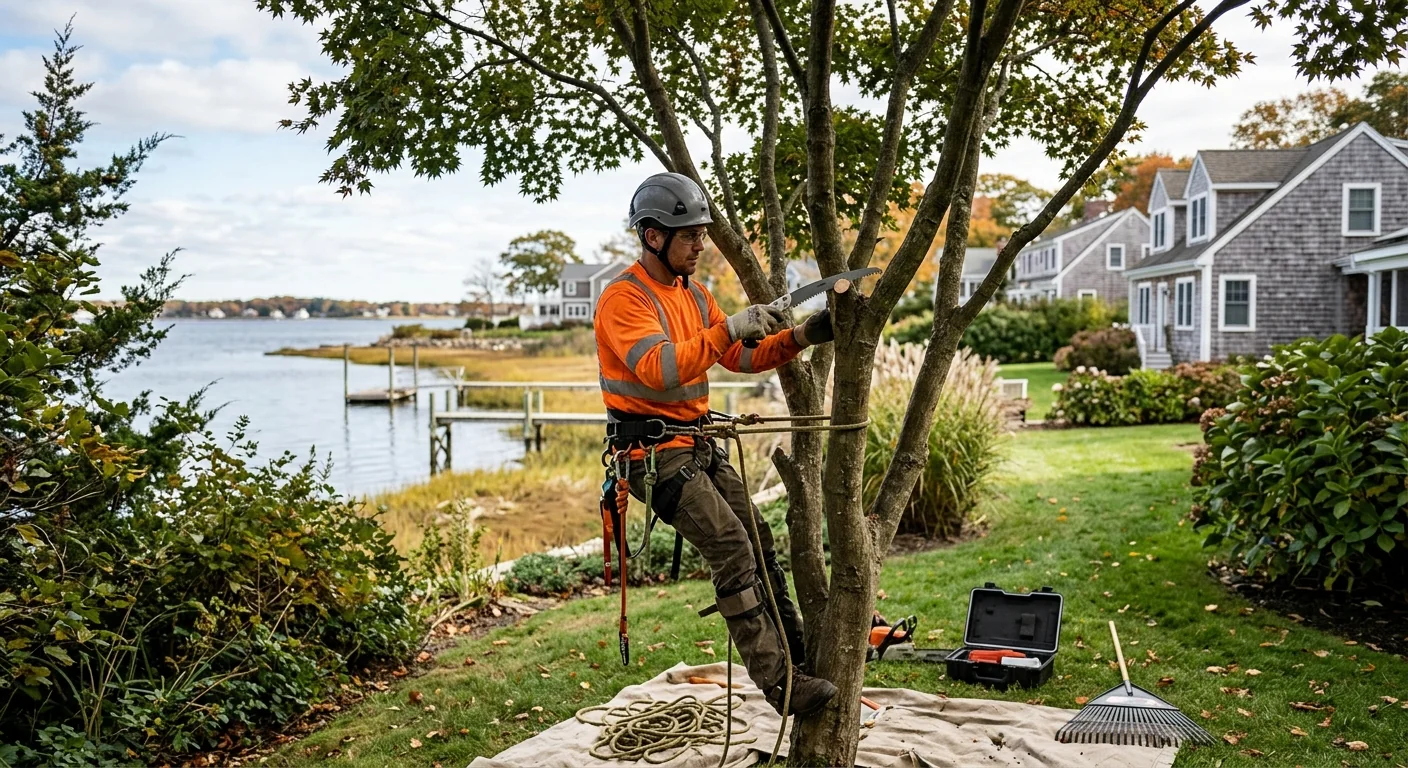 Balanced ornamental tree after crown thinning along a shoreline yard