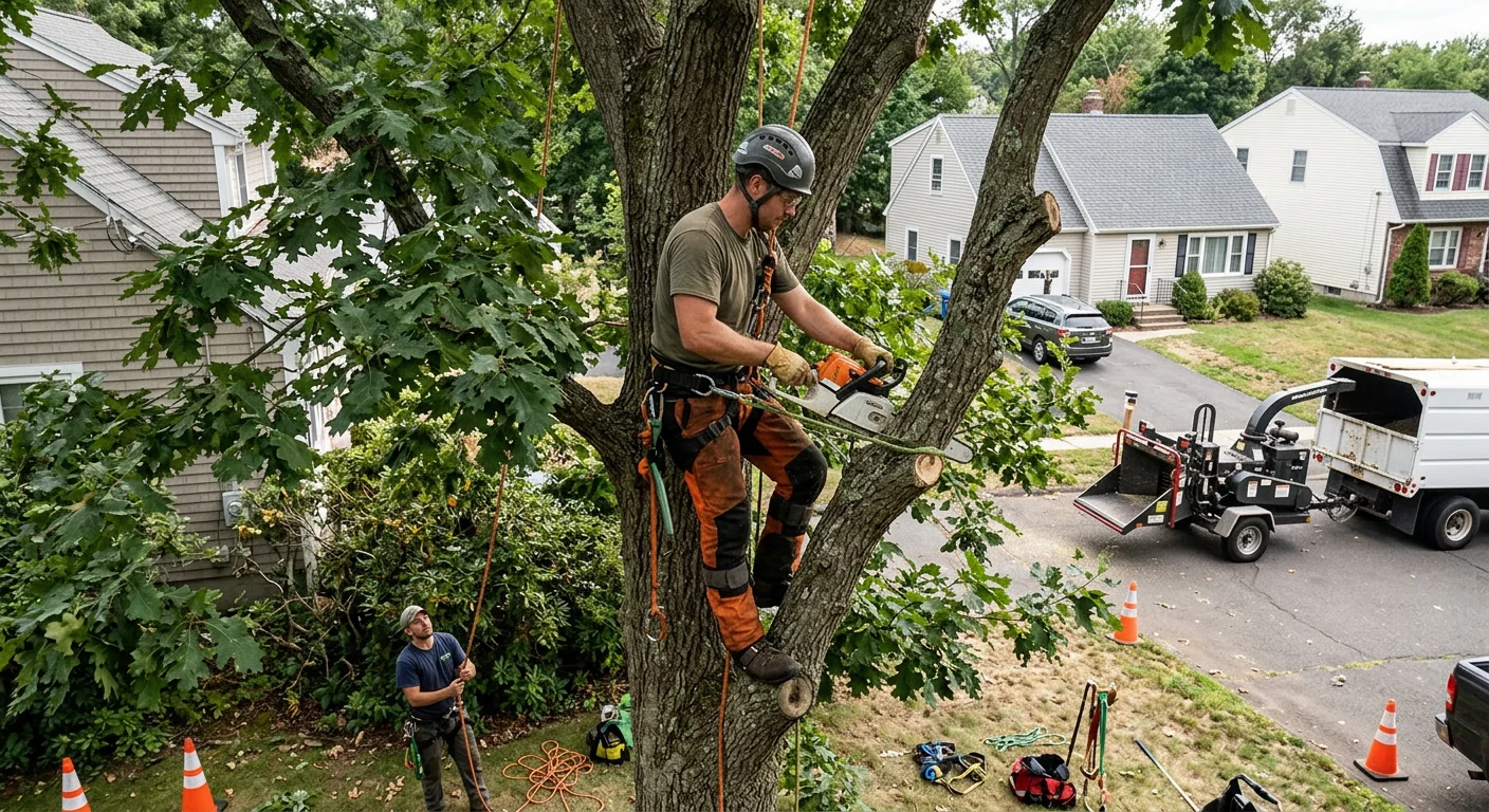 Trained technician performing precision crown trimming on a mature tree in Milford